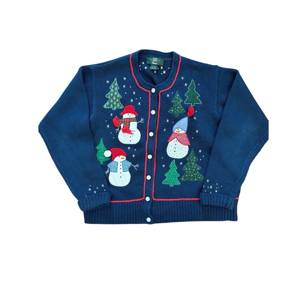 Vtg Orvis Holiday Christmas Cardigan Sweater Sz L Snowman‎ Cotton Blend Grandma